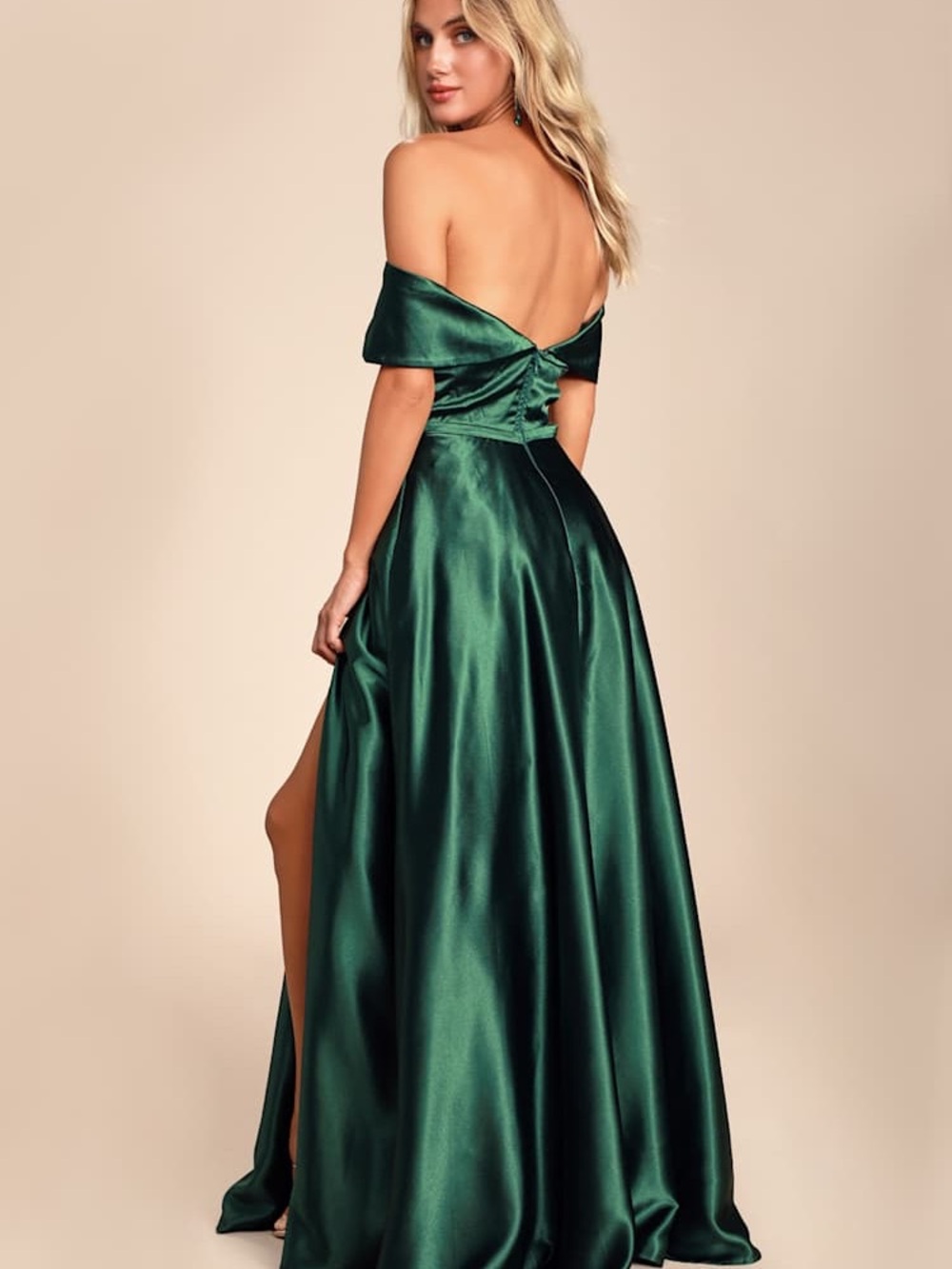 Lulu's Greatest Hits Forest Green Satin Off-the-Shoulder Maxi Dress (2/6) - Picture 2 of 5